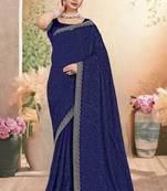 Navy blue color resham embroidery & zarkhan stone border georgette saree with blouse