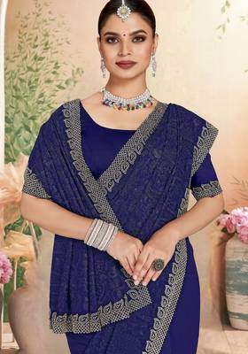 Navy blue color resham embroidery & zarkhan stone border georgette saree with blouse 2