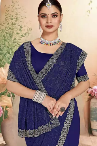 Navy blue color resham embroidery & zarkhan stone border georgette saree with blouse