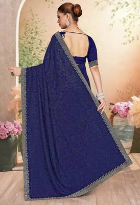 Navy blue color resham embroidery & zarkhan stone border georgette saree with blouse 3