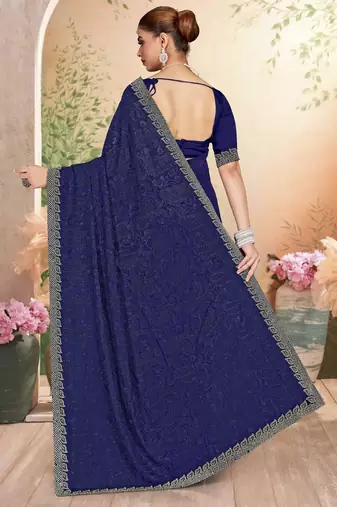 Navy blue color resham embroidery & zarkhan stone border georgette saree with blouse