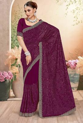 Wine color resham embroidery & zarkhan stone border georgette saree with blouse 1