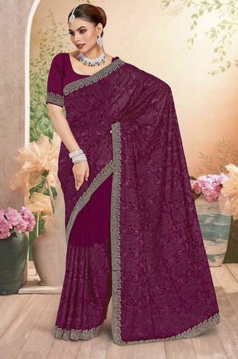 Wine color resham embroidery & zarkhan stone border georgette saree with blouse