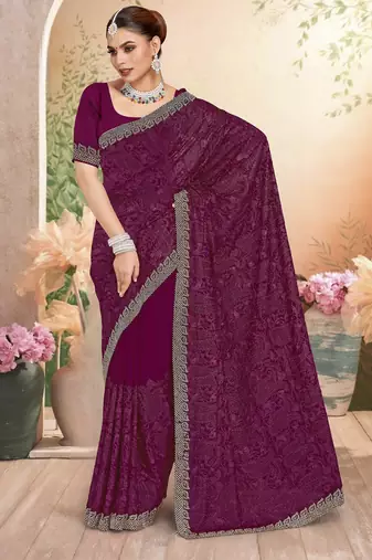 Wine color resham embroidery & zarkhan stone border georgette saree with blouse