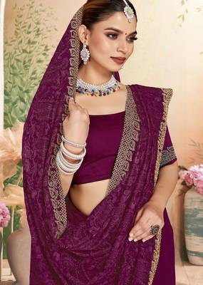 Wine color resham embroidery & zarkhan stone border georgette saree with blouse 2