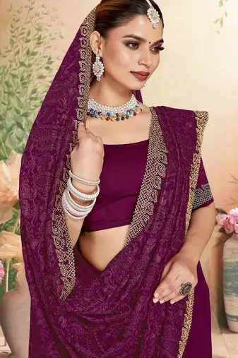 Wine color resham embroidery & zarkhan stone border georgette saree with blouse