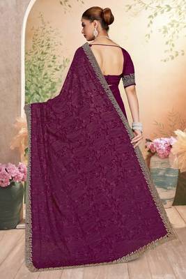 Wine color resham embroidery & zarkhan stone border georgette saree with blouse 3