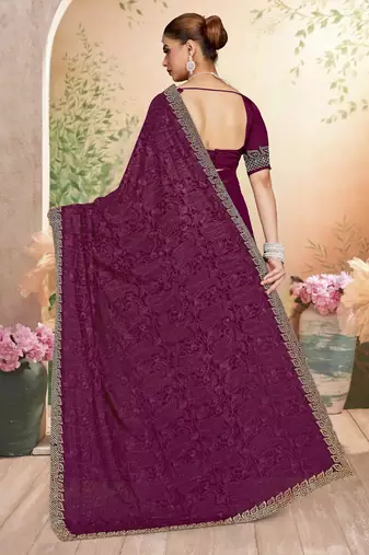 Wine color resham embroidery & zarkhan stone border georgette saree with blouse