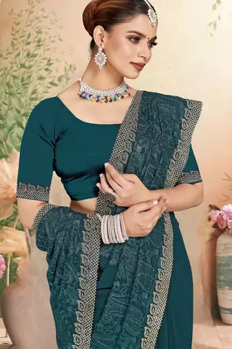 Morpeach color resham embroidery & zarkhan stone border georgette saree with blouse