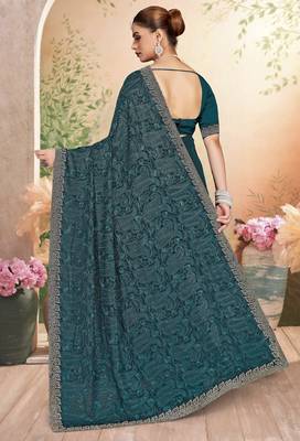 Morpeach color resham embroidery & zarkhan stone border georgette saree with blouse 3