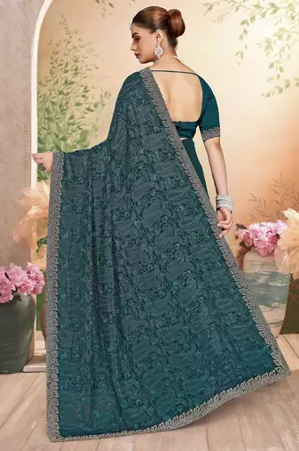 Morpeach color resham embroidery & zarkhan stone border georgette saree with blouse