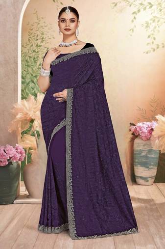 Purple color resham embroidery & zarkhan stone border georgette saree with blouse