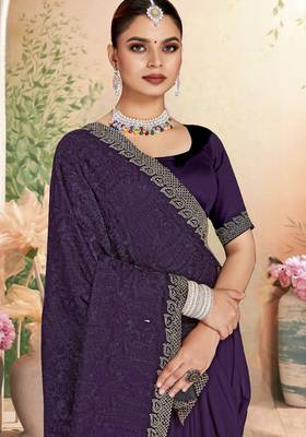 Purple color resham embroidery & zarkhan stone border georgette saree with blouse 2