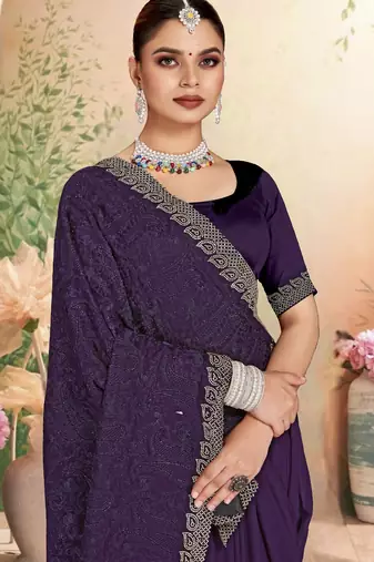 Purple color resham embroidery & zarkhan stone border georgette saree with blouse