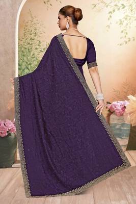 Purple color resham embroidery & zarkhan stone border georgette saree with blouse 3