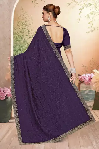 Purple color resham embroidery & zarkhan stone border georgette saree with blouse