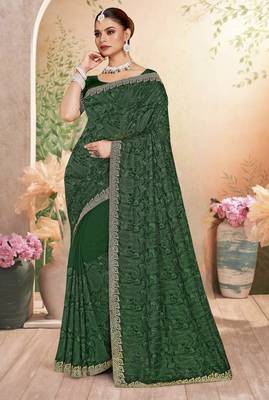 Green color resham embroidery & zarkhan stone border georgette saree with blouse 1