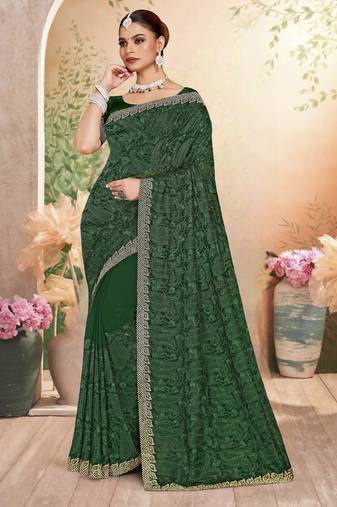 Green color resham embroidery & zarkhan stone border georgette saree with blouse