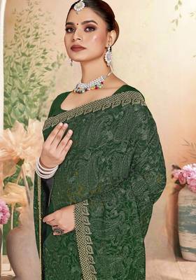 Green color resham embroidery & zarkhan stone border georgette saree with blouse 2