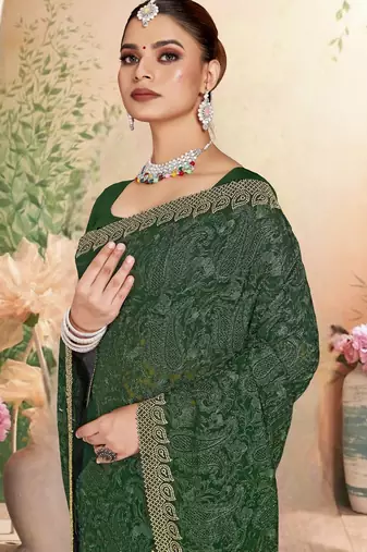 Green color resham embroidery & zarkhan stone border georgette saree with blouse