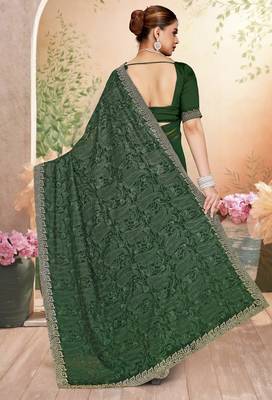 Green color resham embroidery & zarkhan stone border georgette saree with blouse 3