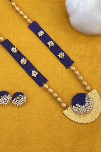 Royal blue pearl and wooden beaded long necklace