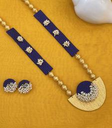 Royal blue pearl and wooden beaded long necklace