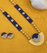 Royal blue pearl and wooden beaded long necklace
