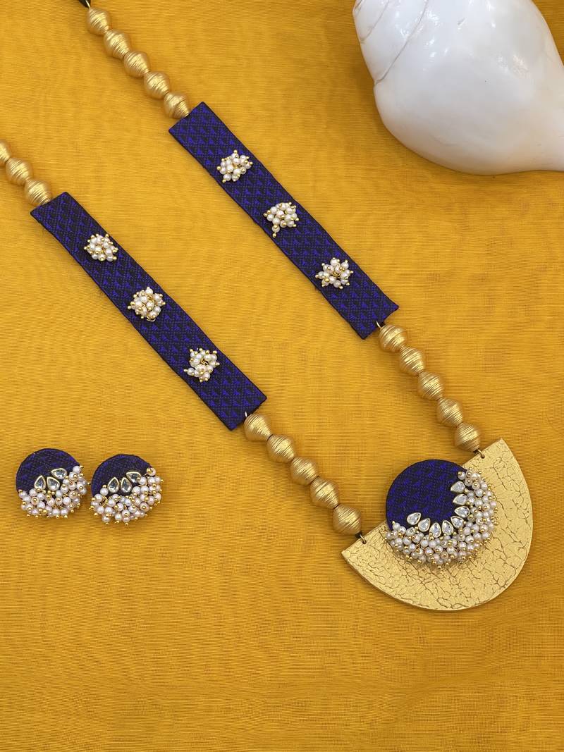 Royal blue pearl and wooden beaded long necklace