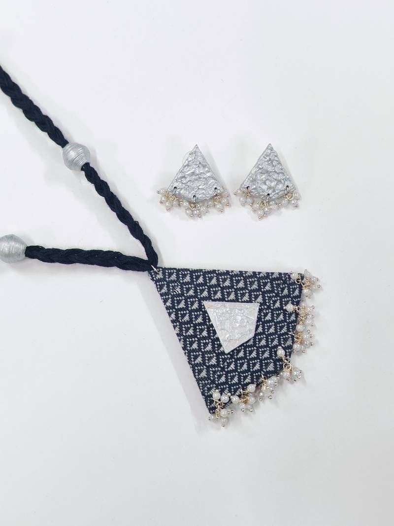 Grey wooden beaded long necklace set