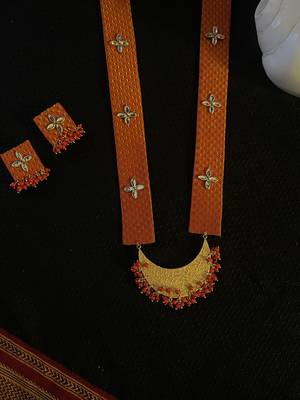 Orange handloom fabric long necklace set 1