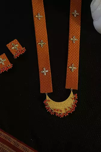 Orange handloom fabric long necklace set