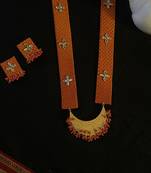 Orange handloom fabric long necklace set
