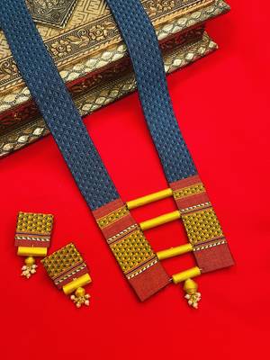 Teal blue handloom fabric long necklace 1
