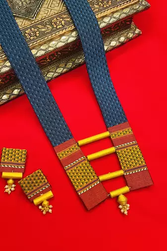 Teal blue handloom fabric long necklace