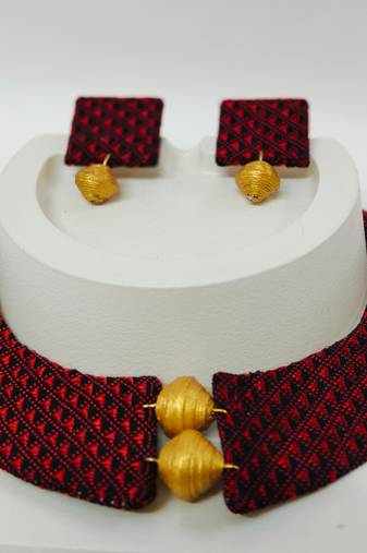 Maroon and gold handloom fabric jewelery