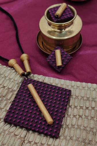 Pink handloom fabric long necklace