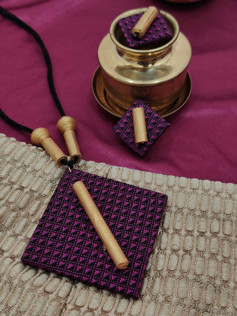 Pink handloom fabric long necklace