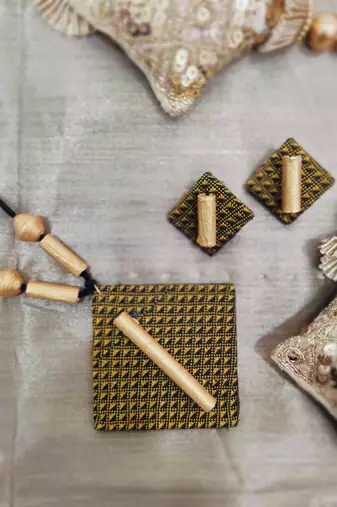 Golden handloom fabric long necklace