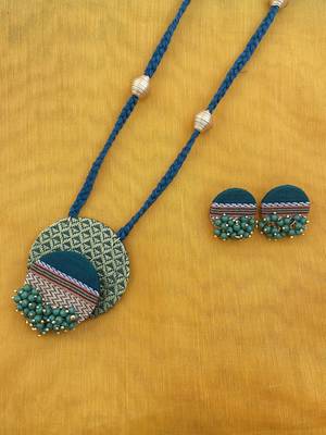 Green long necklace, golden paper bead fabric jewellery 1