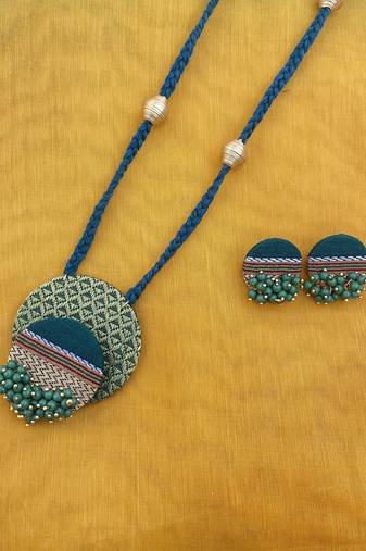 Green long necklace, golden paper bead fabric jewellery