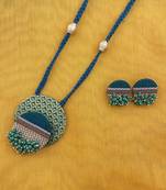 Green long necklace, golden paper bead fabric jewellery