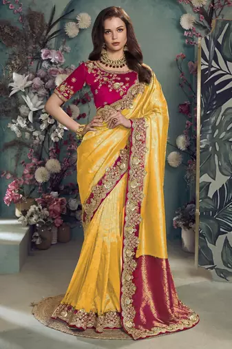 Yellow color designer border soft jacquard saree with designer blouse fabric