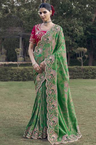 Rama green color designer border soft jacquard saree with designer blouse fabric