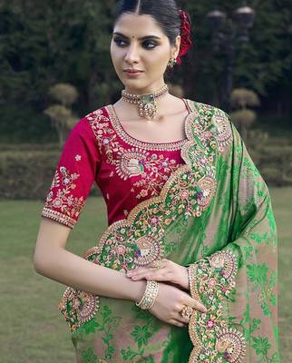 Mehendi green color designer border soft jacquard saree with designer blouse fabric 2