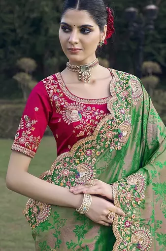 Mehendi green color designer border soft jacquard saree with designer blouse fabric