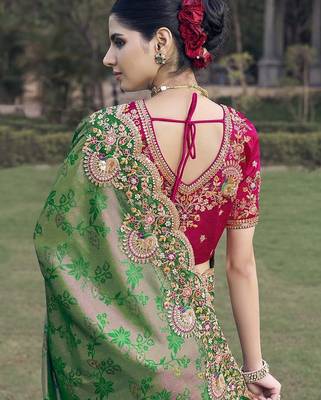 Mehendi green color designer border soft jacquard saree with designer blouse fabric 3