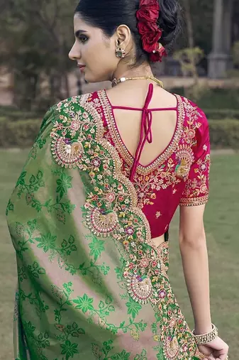 Mehendi green color designer border soft jacquard saree with designer blouse fabric