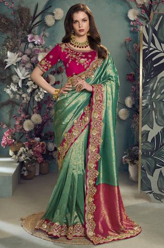 Rama green color designer border soft jacquard saree with designer blouse fabric