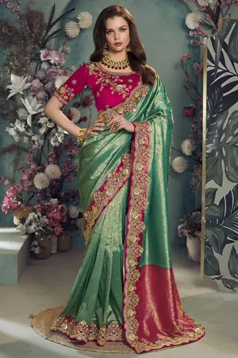 Rama green color designer border soft jacquard saree with designer blouse fabric